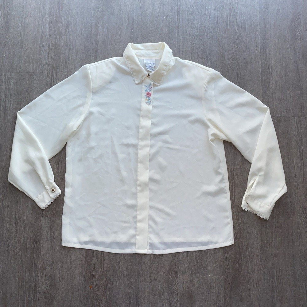 Koret Vintage Embroidered Lace Collared Long Sleeve Size 14 Ivory Cottagecore 43